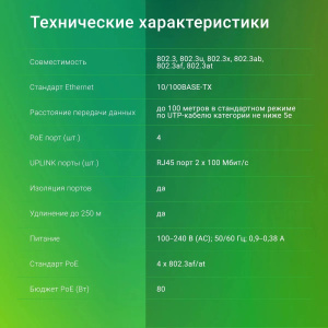 коммутатор digma dsp204f-2f-t80 dsp204f-2f-t80 v1 (l2) 6x100мбит/с 4xpoe+ 80w неуправляемый